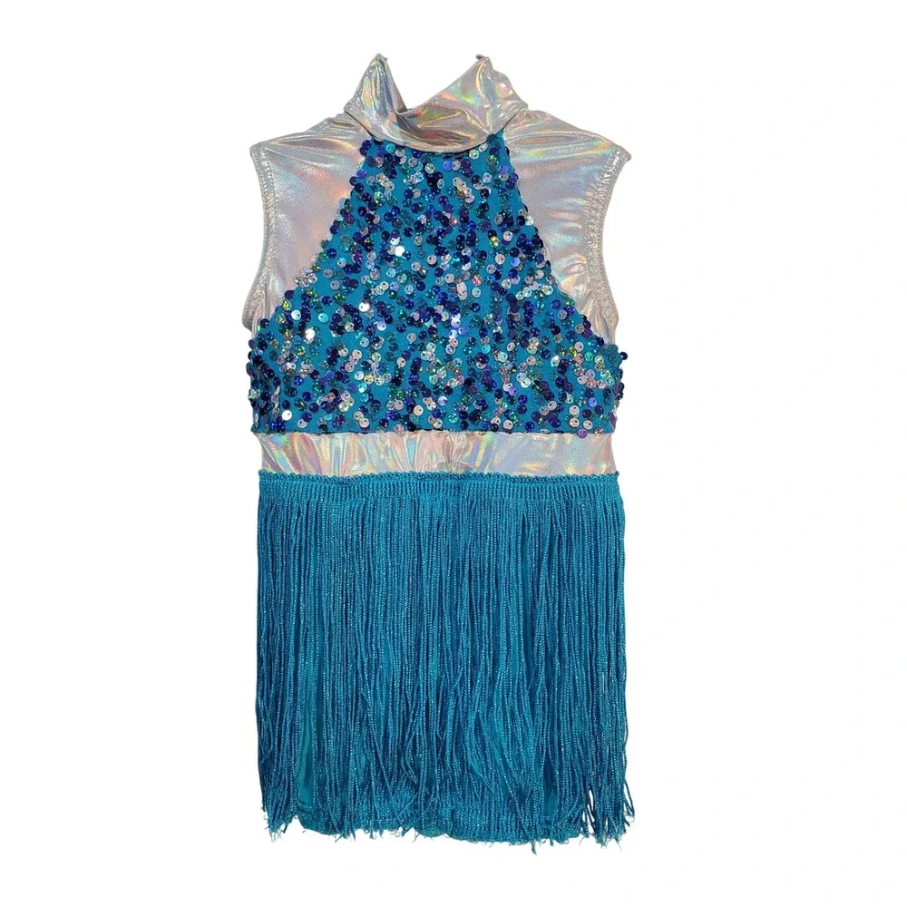 A Wish Come True‎ Sequin Fringe Dance Costume Iridescent Silver Blue Kids Sz XSC
